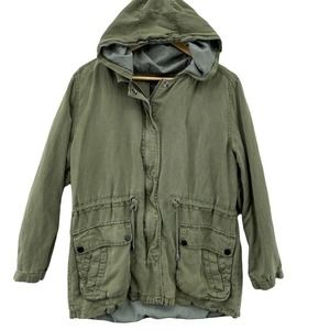 Sanctuary Jacket Large Army Green Linen Blend Full Zip Cinch Waist Pockets Hood